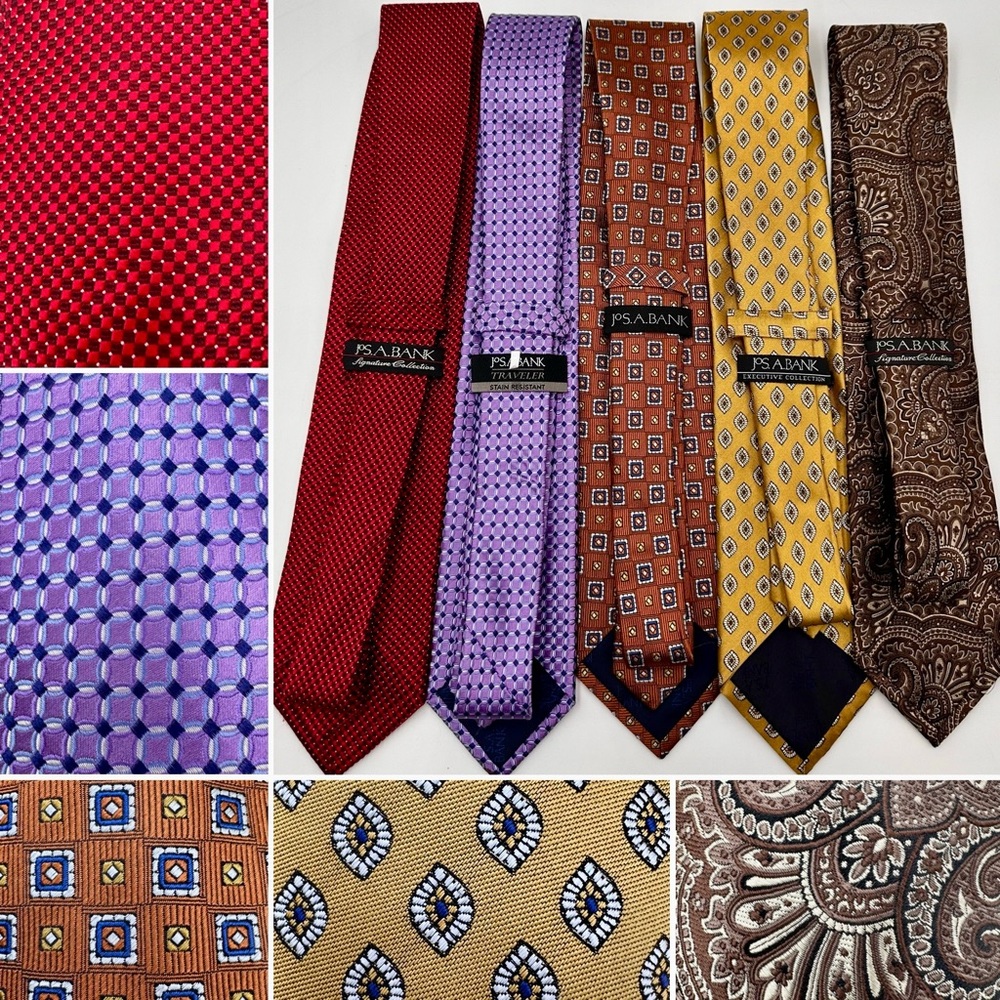 JOS A BANK NECK TIE LOT YELLOW RED PURPLE ORANGE BROWN GEOMETRIC PAISLEY SILK